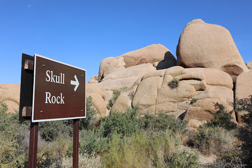 Skull Rock Sign in Joshua Tree National Park. California. USA