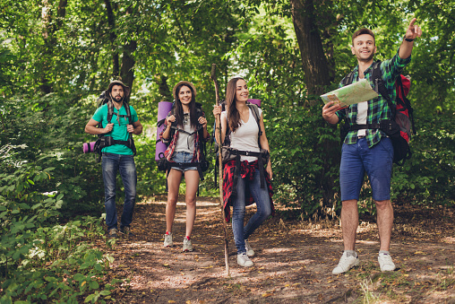 Trekking, camping and wild life concept. Four best friends are hiking in the spring woods, the guy is showing the direction, lady is checking it on a map, all are excited and anxious