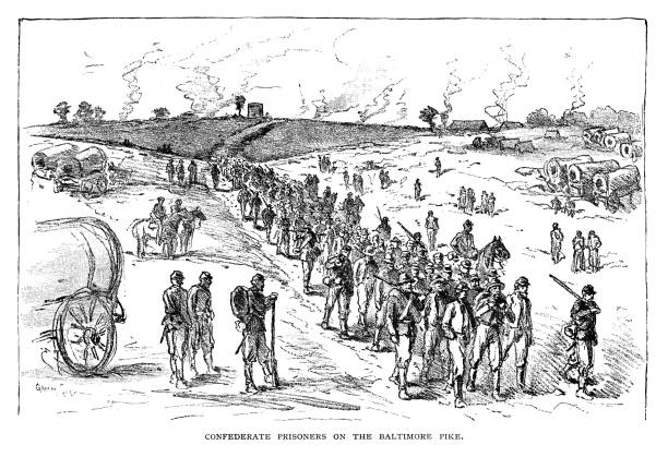 konfederaci więźniowie armii na baltimore pike - confederate soldier stock illustrations