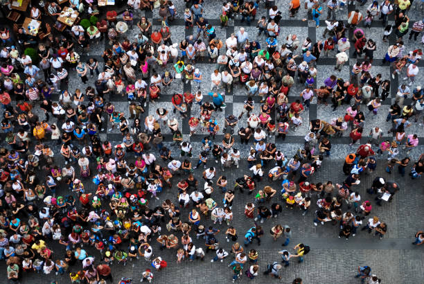 Aerial photograph of people gathered in a square stock photo
