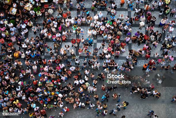 Aerial Photograph Of People Gathered In A Square Stock Photo - Download Image Now - Crowd of People, People, Aerial View