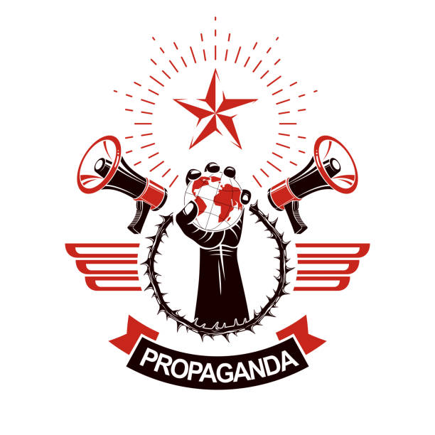 Decorative vector emblem composed with muscular raised clenched fist holding globe, thorn wreath and megaphones. Politics and authority as the components of propaganda. Decorative vector emblem composed with muscular raised clenched fist holding globe, thorn wreath and megaphones. Politics and authority as the components of propaganda. global populism stock illustrations