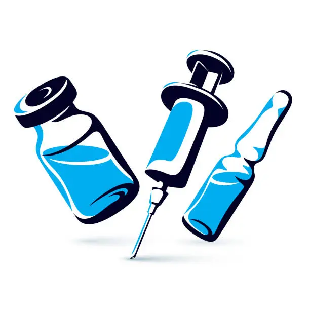 Vector illustration of Vector graphic illustration of vial, ampoule with medicine and medical syringe for injections. Scheduled vaccination theme.