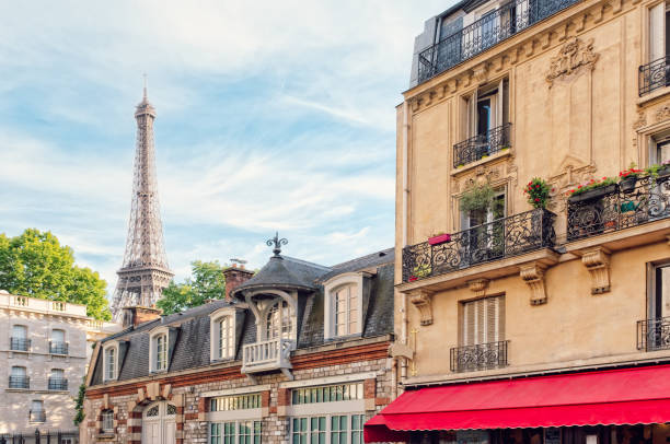 Ornate apartment buildings and Eiffel Tower in Paris stock photo