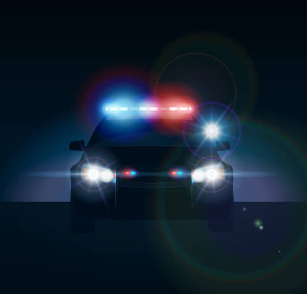 ilustraciones, imágenes clip art, dibujos animados e iconos de stock de coche de policía en la noche - police lights