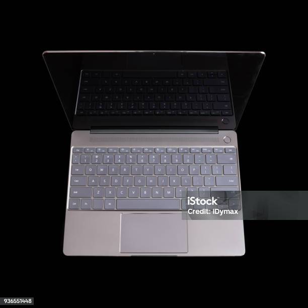Close Up Picture Keypad Computer Opened Modern Laptop With Us Keypad Touchpad And Empty Mirror Screen On ...