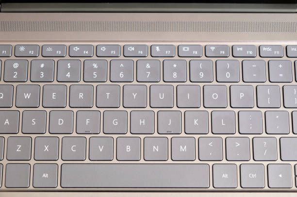 istock Opened modern laptop keyboard with USA alphabet on keys front top view closeup 936551512
