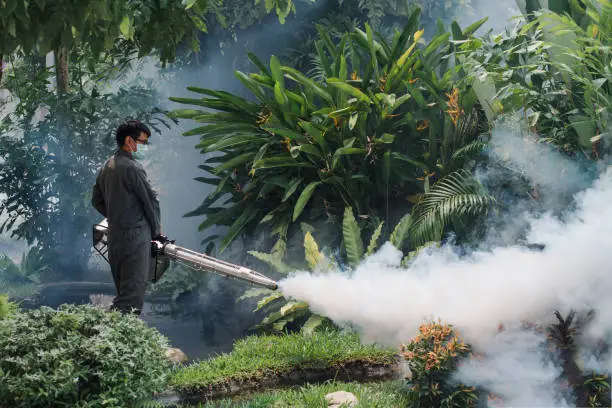 Photo of Man work fogging to eliminate mosquito for preventing spread dengue fever and zika virus