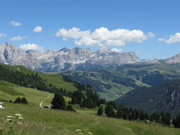 Panoramic mountain view of the italian Dolomites at summer . Valgardena, South Tyrol , Bolzano , Italy