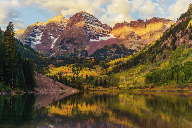 maroon bells y lago en sunrise, colorado, usa - pino conífera fotos fotografías e imágenes de stock