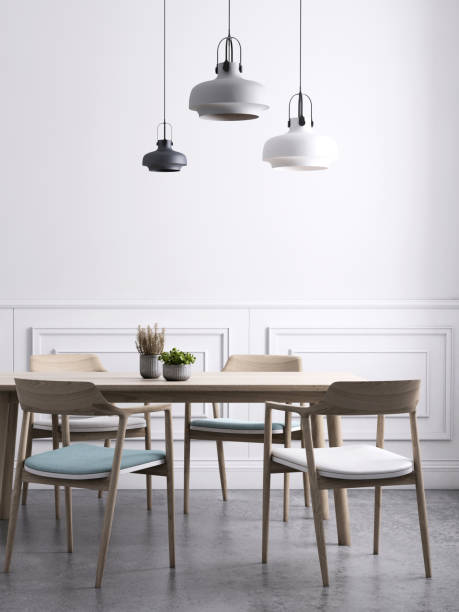 istock Dining room with chandeliers wall background template 936572706
