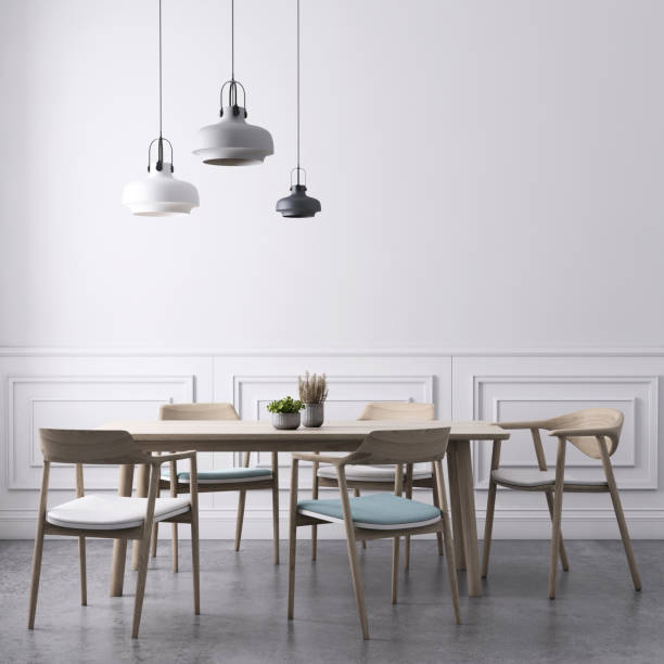 istock Dining room with chandeliers wall background template 936572724