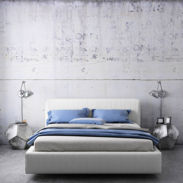 istock Bed with nightstand and wall lamp template 936572772