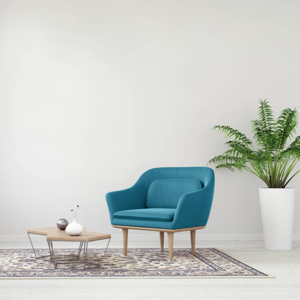 istock Chair with coffee table and plant, blank wall template 936572880