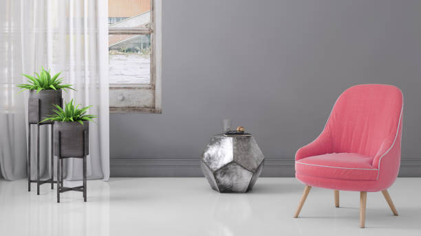 istock Chair with coffee table and window with curtains, blank wall template 936572884