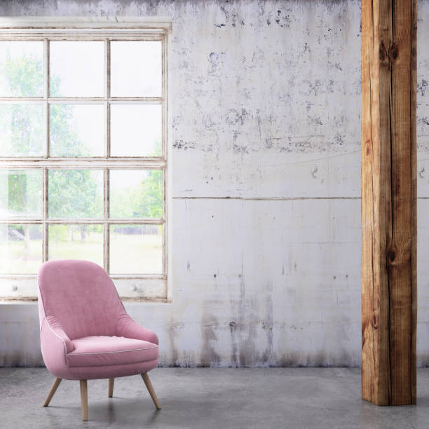 istock Chair with coffee table and window, blank wall template 936572908