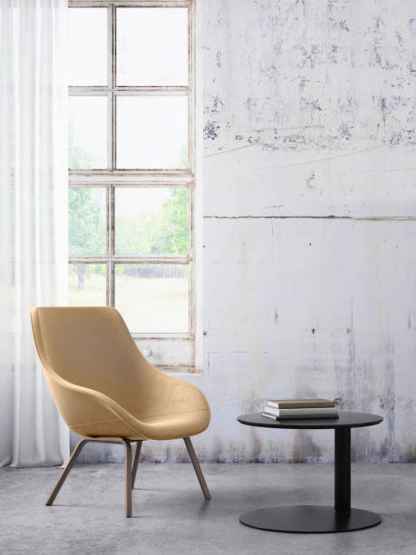 istock Chair with coffee table and window with curtains, blank wall template 936572940
