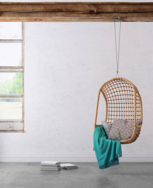 istock Modern hipster interior with pendant chair and window wall template 936572960