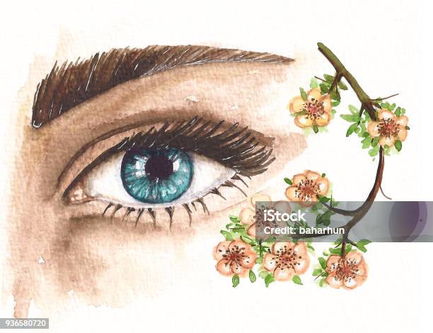 Watercolor Beautiful Woman Eye And Spring Blossom Stock Illustration - Download Image Now - Watercolor Painting, Eye, One Woman Only