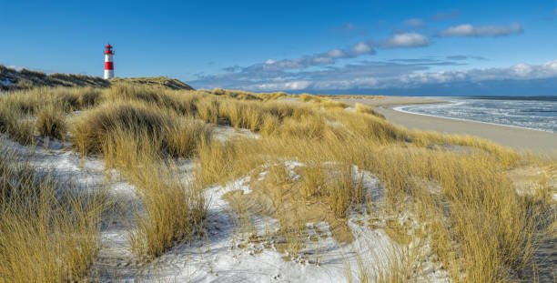istock Red and white Lighthouse on sand dune in snow, Island Sylt, Germany 936581012