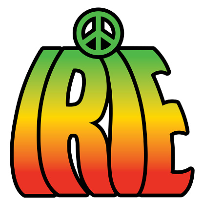 Retro-styled text design of IRIE with a peace symbol in reggae colors.