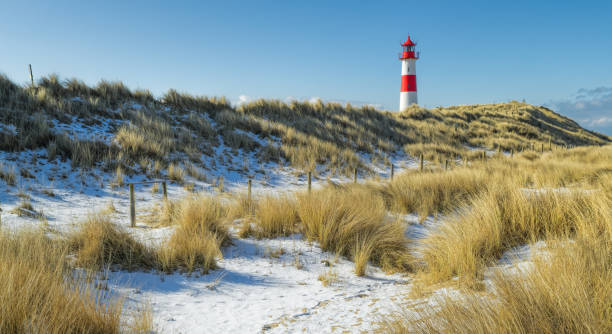 istock Red and white Lighthouse on sand dune in snow, Island Sylt, Germany 936581266