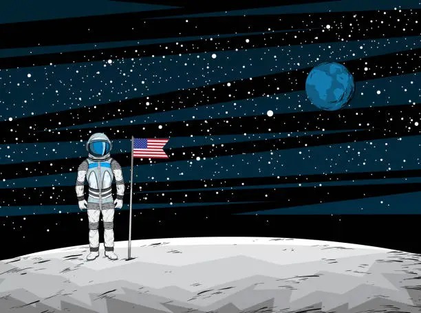 Vector illustration of Astronaut with flag after on lunar surface with spacecraft on background