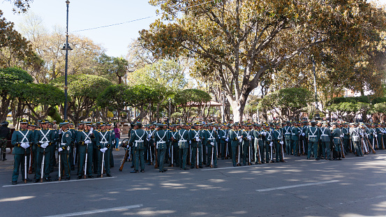 SUCRE, BOLIVIA- AUGUST 07, 2017: Soldiers in a row during independence day commemoration,Bolivia