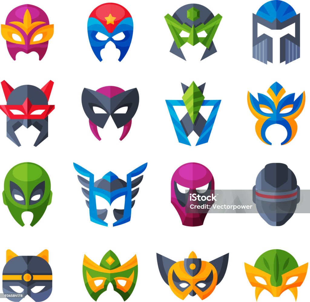 Hero mask vector superhero face masque and masking cartoon character illustration set of powerful masked symbol isolated on white background Hero mask vector superhero face masque and masking cartoon character illustration set of powerful masked symbol isolated on white background. Superhero stock vector