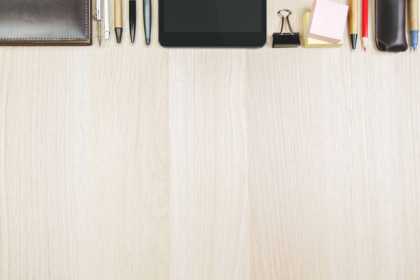 istock Modern desktop with devices and supplies 936586870