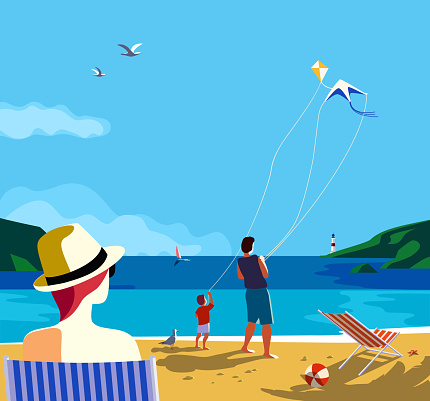 Kiting on sea beach. Family leisure activity on sand seashore. Colorful cartoon. Adult father, small boy son enjoy flying kites. Summer vacation tourist trip. Vector ocean seascape scenic background