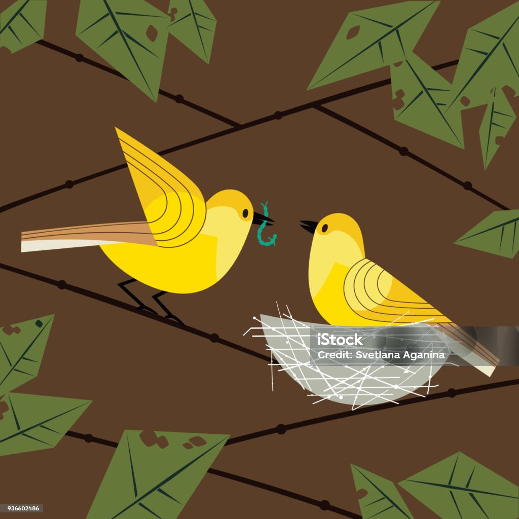 Birds couple in nest Cute birds couple poster. Comic flat cartoon. Minimalism simplicity design. Male bird is feeding by worm female sitting on eggs in straw nest on tree branch. Template vector birdwatching background Animal Family stock vector