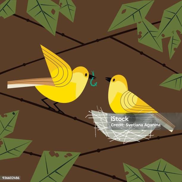 Birds Couple In Nest Stock Illustration - Download Image Now - Animal Family, Yard - Grounds, Animal