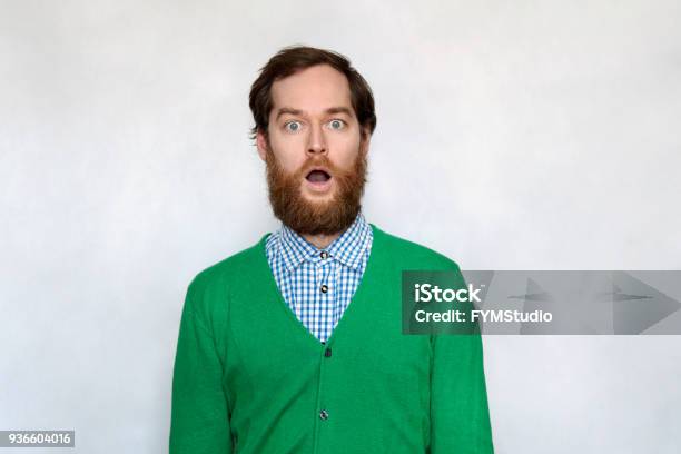 Shocked Bearded Man With Open Mouth Stock Photo - Download Image Now - Surprise, Men, Awe