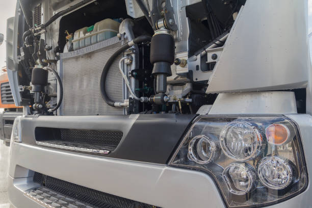Truck with an open motor compartment. Transport