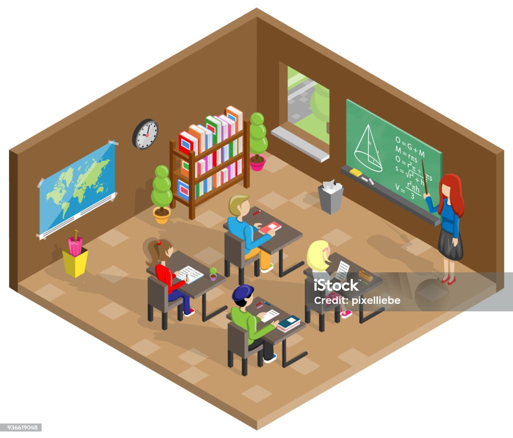 School classroom isometric design School classroom isometric design with students and a teacher Adult stock vector