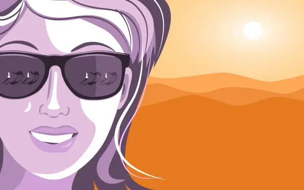 Vector illustration of Pretty woman in sunglasses sees men and camels.