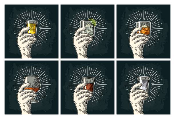 ilustrações de stock, clip art, desenhos animados e ícones de male hand holding glass brandy, tequila, gin, vodka, rum, whiskey. - whisky cocktail alcohol glass