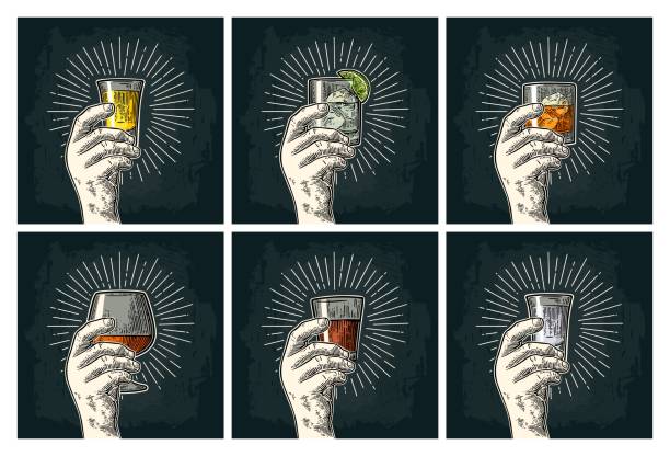Male hand holding glass with brandy, tequila, gin, vodka, rum, whiskey. Vintage vector color and monochrome engraving illustration for poster, invitation to party. Isolated on dark background