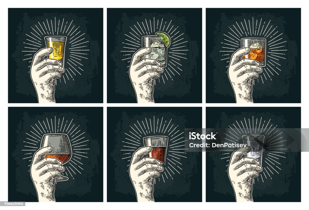 Male hand holding glass brandy, tequila, gin, vodka, rum, whiskey. Male hand holding glass with brandy, tequila, gin, vodka, rum, whiskey. Vintage vector color and monochrome engraving illustration for poster, invitation to party. Isolated on dark background Alcohol - Drink stock vector