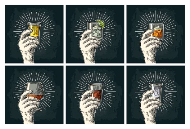 Male hand holding glass brandy, tequila, gin, vodka, rum, whiskey. Male hand holding glass with brandy, tequila, gin, vodka, rum, whiskey. Vintage vector color and monochrome engraving illustration for poster, invitation to party. Isolated on dark background shot glass stock illustrations