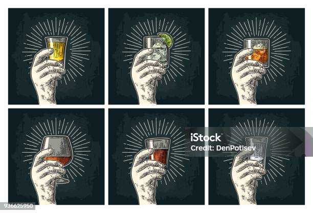 Male Hand Holding Glass Brandy Tequila Gin Vodka Rum Whiskey Stock Illustration - Download Image Now