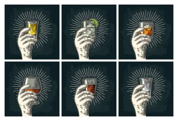 Vector illustration of Male hand holding glass brandy, tequila, gin, vodka, rum, whiskey.
