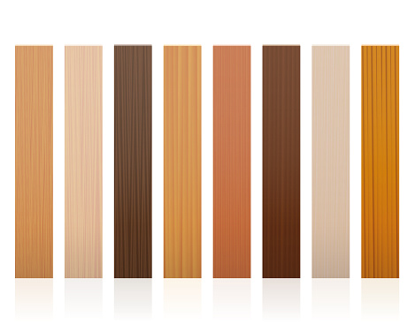 Wooden slats. Collection of wood boards, different colors, glazes, textures from various trees to choose - brown, dark, gray, light, red, yellow, orange decor models - vector on white background.