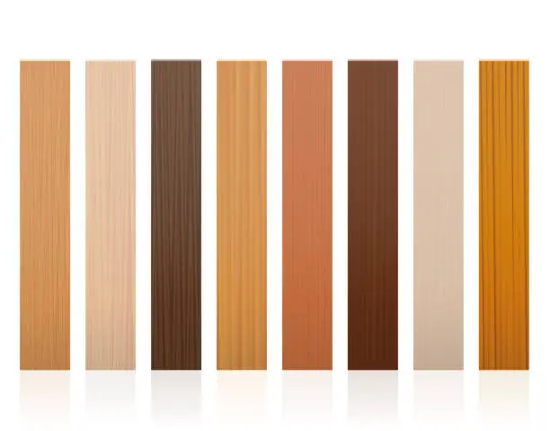 Vector illustration of Wooden slats. Collection of wood boards, different colors, glazes, textures from various trees to choose - brown, dark, gray, light, red, yellow, orange decor models - vector on white background.