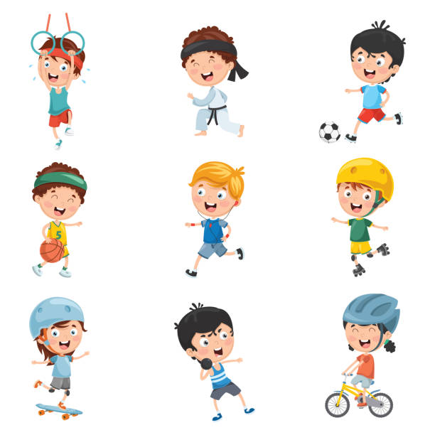illustrations, cliparts, dessins animés et icônes de illustration vectorielle des enfants faire du sport - tennis child sport cartoon