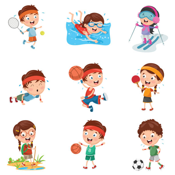 illustrazioni stock, clip art, cartoni animati e icone di tendenza di illustrazione vettoriale di bambini che fanno sport - basketball competitive sport ball sport