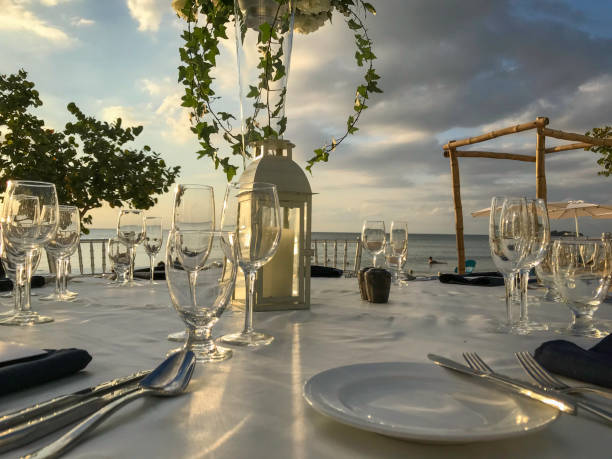 istock Wedding decoration by the beach at sunset 936638590