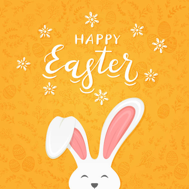 Orange background with pattern and text Happy Easter with rabbit ears Cute Easter rabbit with ears and lettering Happy Easter on orange background with floral elements and eggs, illustration. easter background stock illustrations