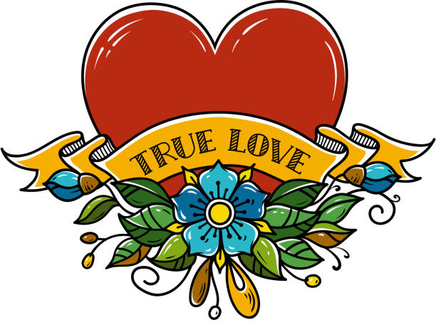 Tattoo Heart pierced with arrow. Heart decorated with flowers, leaves and ribbon. True Love. Amour Symbol Tattoo Heart pierced with arrow. Heart decorated with flowers and ribbon. I love you. Illustration for Valentines Day. Amour Symbol banners tattoos stock illustrations